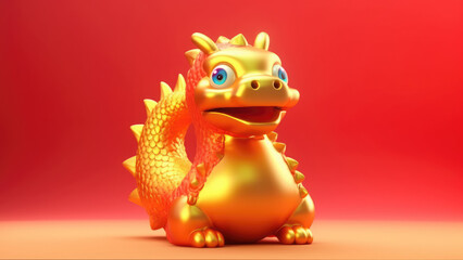 3d cute golden dragon character on blurred red background