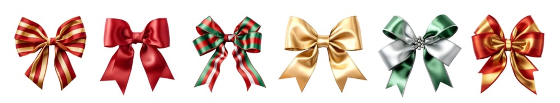 Christmas bow and ribbon on transparent background cutout. PNG file. Many assorted different design. Mockup template for artwork design


