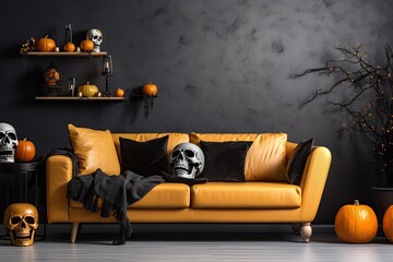 Halloween decorations in living room with black couch, skulls, pumpkin, candles. Creative modern black and orange design interior. Close up. Generative AI.