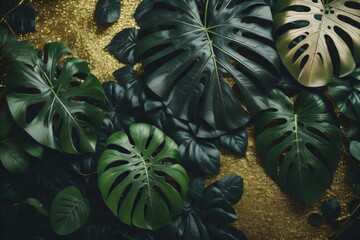 Obraz premium Image presenting a floral arrangement of tropical green leaves from Monstera, fern, and Eucalyptus plants, enhanced with gold glitter particles. Created with generative AI tools