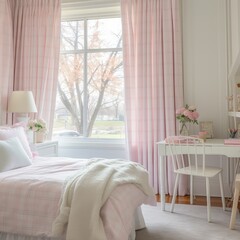 design of a cozy children's room in pink colors. childhood. nice bedroom. desk, bed, organization of workspace for the student