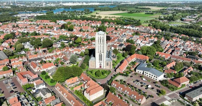 Majestic Aerial Views: Grote of Sint-Catharijnekerk in Brielle, The Netherlands.