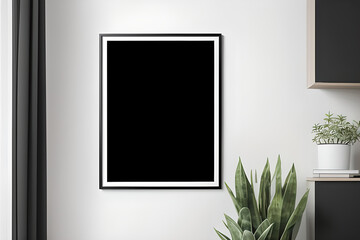 Interior black poster mockup on wall with home interior background. Side view