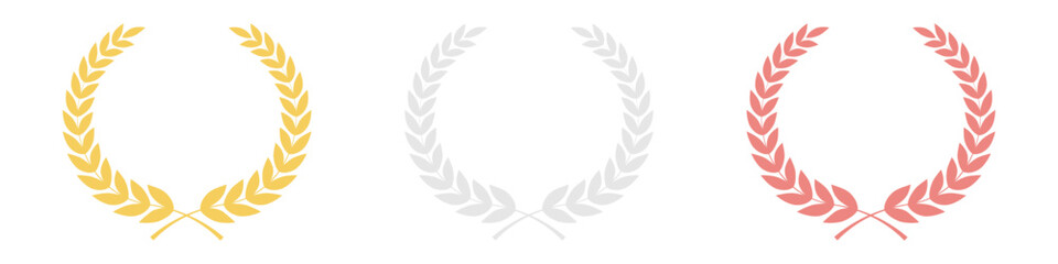 Set of Golden, Silver and Bronze  Laurel Wreath for Trophy Cup. Champion and Winning Concept. Vector Illustration.