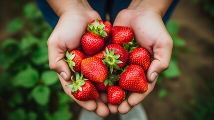 Strawberries in hands, a farmer holding berries.