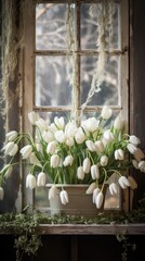 A vase filled with white tulips sitting on a window sill