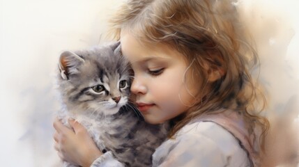 A little girl holding a kitten in her arms