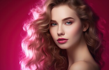 beautiful woman with red lips against a red background, wavy resin sheets
