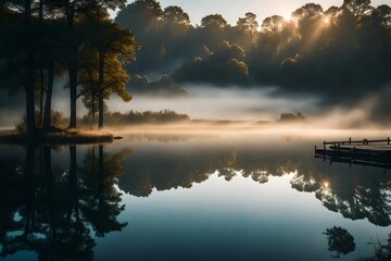 A serene sunrise over a tranquil lake, with mist gently rising from the water's surface.
