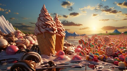 Landscape filled of ice-cream cones, candy and a chocolate river. Made with Generative AI. - obrazy, fototapety, plakaty