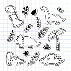 Cute hand drawn dinosaurs and tropical plants. Funny characters set. Dino collection for kids. Stickers