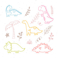 Cute hand drawn dinosaurs and tropical plants. Dino collection for kids. Funny characters set