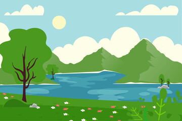 Fototapeta na wymiar Beautiful spring lake scenery mountain landscape background