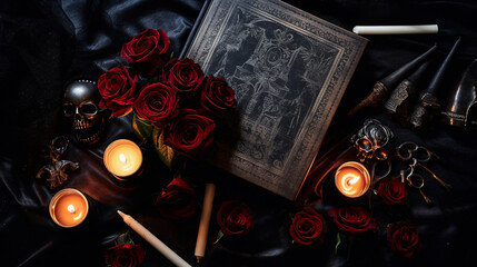 A Stack of Witchy SpellBooks with Lit Candles and Roses - On a Moody, Dark Background with Dark Academia Aesthetic - Halloween Theme - Generative AI
