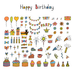Hand drawn Birthday elements. Holiday collection. Doodle decoration. Party time clipart. Set of party elements
