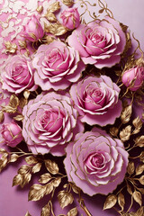 pink roses with gold leaves on a purple background