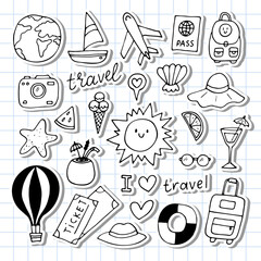 Hand drawn traveling icons. Holiday, vacation, travel journey. Summer collection. Design elements. Stickers