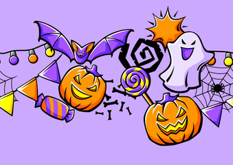 Happy Halloween pattern. Holiday background with celebration items.