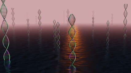 DNA molecules in water. Mist, fog background. DNA molecules in ocean with foggy, misty background. DNA strands in liquid. 3d render illustration