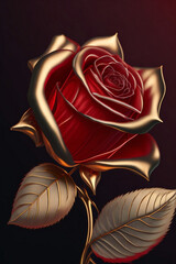 a red rose with gold leaves on a black background