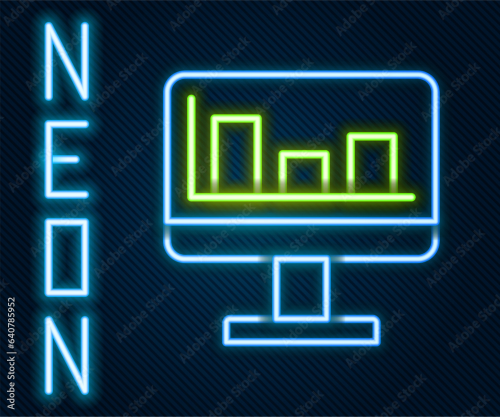 Poster glowing neon line computer monitor with graph chart icon isolated on black background. report text f
