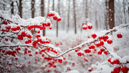 Landscape of a snow-covered forest with bright red berries on the branches. You can add furry animals such as squirrels and hares