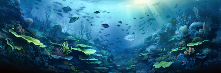 Underwater panorama scene with coral reef and fish