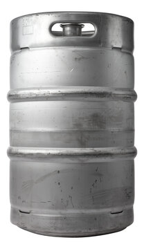Metal beer keg side view isolated transparent PNG. Real scratched metal barrel