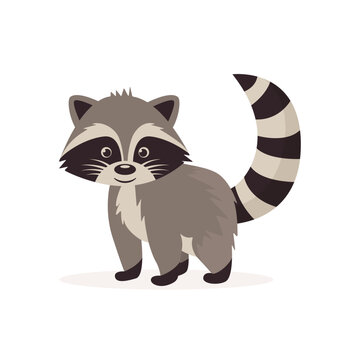 Flat Vector Cute Raccoon. Little Raccoon Icon. Adorable Walking Raccoon Cartoon Character Isolated on White Background, Side View