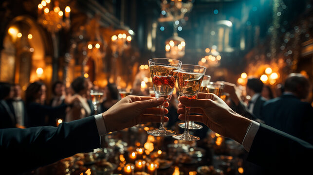 Glamorous Ballroom Moment: Guests Celebrate with Raised Crystal Champagne Glasses. Generative AI.