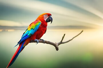 red and yellow macaw ara ararauna : a colourful parrot sitting on the top tree brench.