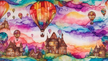 Fototapeta premium Alcohol ink, hot air balloons dancing in the sky, rainbow colors