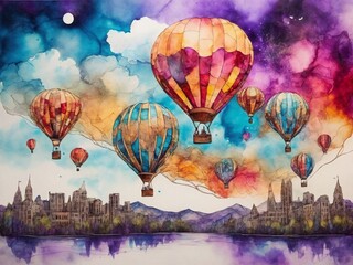 Alcohol ink, hot air balloons dancing in the sky, rainbow colors