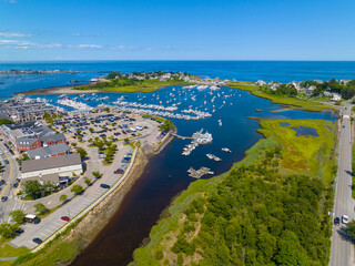 Scituate Harbor aerial view including Bulman Marine and Harbor Marina in town of Scituate, Massachusetts MA, USA. 