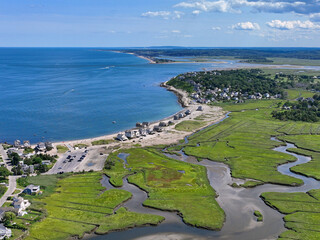 Peggotty Beach aerial view with North River mouth to Atlantic Ocean at the background in town of...