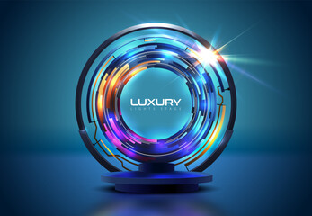 Abstract round 3d blue podium with technology circle glow rings on background. Blue purple light effect. Vector blue wall background mockup for product presentation. Realistic stage showcase scene