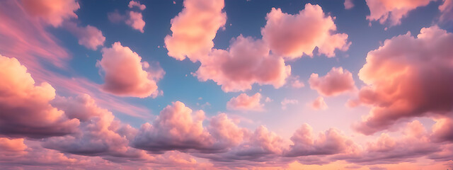 Panorama view of a blue sky during sunset with pastel pink fluffy clouds. 