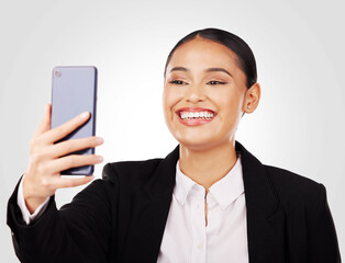 Selfie, business and woman entrepreneur, studio and social media for profile picture and online post. Happy, professional and person with smile for video call or networking on white background