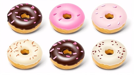 Obraz premium The delectable donut set, isolated against a pure white canvas, offers a glimpse into a cafe menu filled with a variety of enticing treats.
