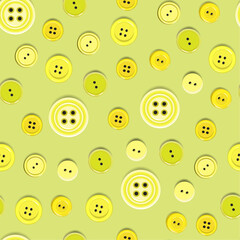 Seamless pattern with buttons in yellow tones on a light green background 