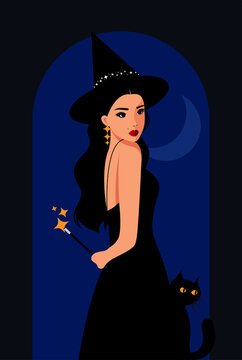 Halloween Beautiful Witch With Her Black Cat at Night