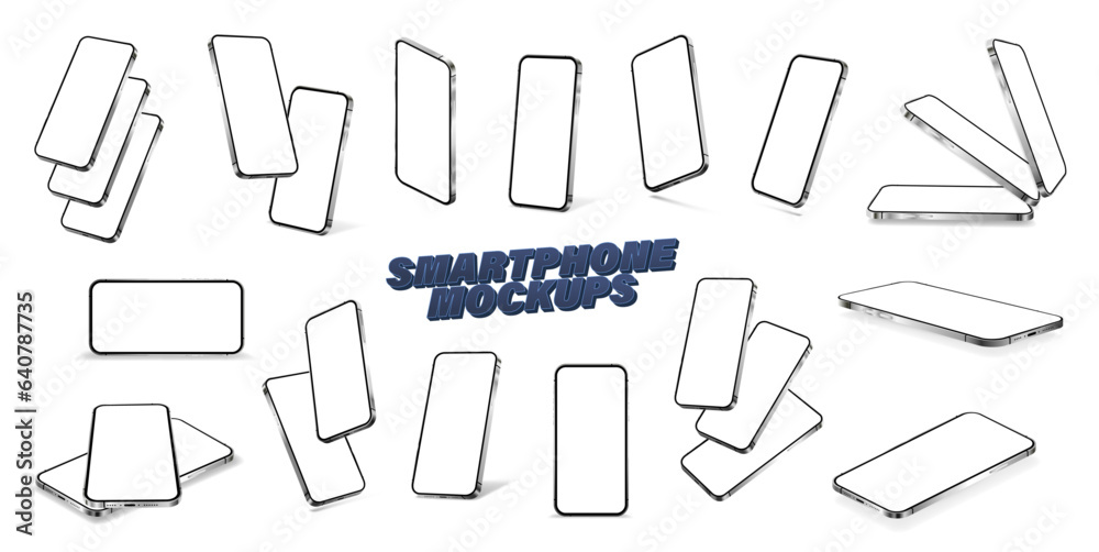 Aufkleber Frameless mobile phones with blank screen. Realistic 3D layout for presentation of UI, UX app. Smartphone with blank display, collection of 3d phones from different angles. Vector 3D mockup cellphones