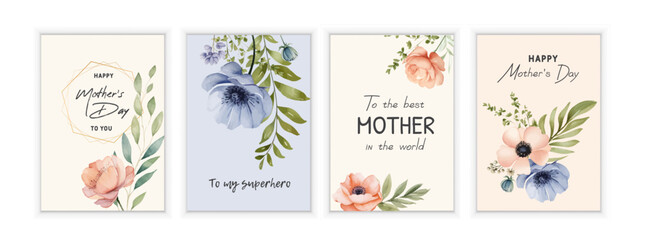 Set of Mother's day greeting cards with watercolor carnation flowers.
