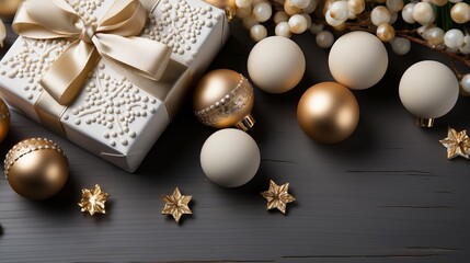 Fototapeta na wymiar Elegant Christmas decorations for a festive tree of a light shade, decorated with beads and stones. Monochromatic background with copy space, decor for the new year