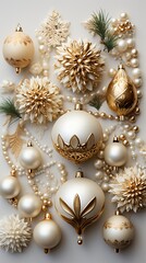 Elegant Christmas decorations for a festive tree of a light shade, decorated with beads and stones. Monochromatic background with copy space, decor for the new year