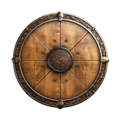 Generative AI, PNG old wooden viking shield, protective sign from mediaeval times - obrazy, fototapety, plakaty