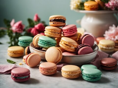 gourmet colorful macarons closeup, rich textures, simple presentation