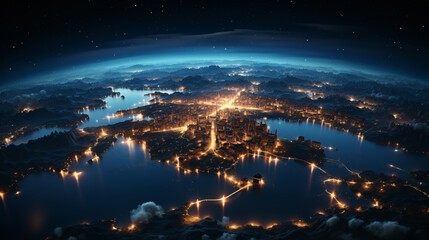 Nighttime Radiance: From space, a stunning HD satellite image unveils the Earth at night, with the brilliance of city lights - obrazy, fototapety, plakaty