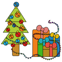 Obraz premium Decorated Christmas tree with lights and balls next to a pile of colourful gifts