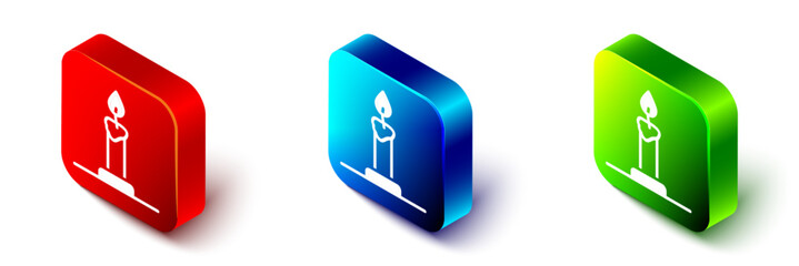 Isometric Burning candle in candlestick icon isolated on white background. Cylindrical candle stick with burning flame. Red, blue and green square button. Vector